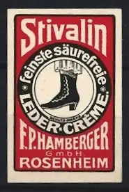 Reklamemarke Rosenheim, Stivalin Leder-Creme, F. P. Hamberger GmbH
