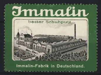 Reklamemarke Immalin, Schuhputz, Ansicht der Immalin-Fabrik