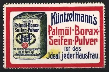 Reklamemarke Dresden, Küntzelmann`s Palmöl-Borax-Seifen-Pulver, Pulververpackung