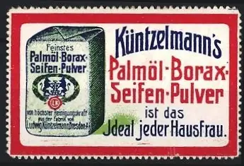 Reklamemarke Dresden, Küntzelmann`s Palmöl-Borax-Seifen-Pulver, Dose