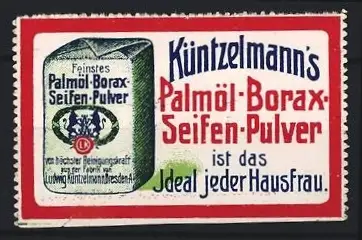 Reklamemarke Dresden, Küntzelmann`s Palmöl-Borax-Seifen-Pulver, Packung