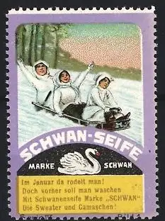 Reklamemarke Schwan-Seife, Kinder mit Schlitten, Schwan-Symbol