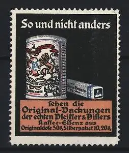Reklamemarke Pfeiffer & Dillers Kaffee-Essenz, Original-Packungen mit Löwenwappen