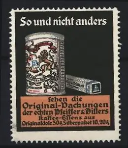 Reklamemarke Pfeiffer & Dillers Kaffee-Essenz, Original-Packungen mit Löwenwappen