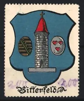 Reklamemarke Bitterfeld, Wappen, Turm und Wappenmotive