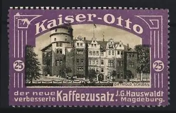 Reklamemarke Detmold, J. G. Hauswaldt Kaffeezusatz, Kaiser-Otto Kaffeesatz, Schloss Detmold