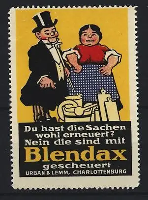 Reklamemarke Charlottenburg, Urban & Lemm, Blendax, Herr und Dame mit Haushaltsgegenständen