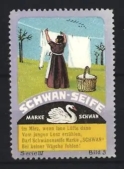 Reklamemarke Schwan-Seife, Frau mit Wäscheleine und Schwan-Logo
