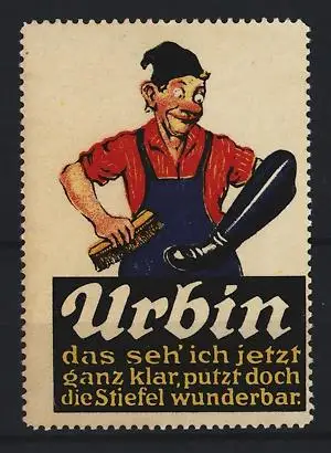 Reklamemarke Urbin, Schuh-Putz, Mann mit Stiefelputzbürste