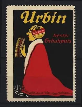 Reklamemarke Urbin, Schuhputz, Frau mit Schuhbürste