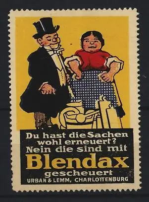 Reklamemarke Charlottenburg, Urban & Lemm, Blendax, Herr und Dame mit Haushaltsgegenständen
