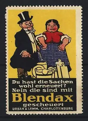 Reklamemarke Charlottenburg, Urban & Lemm, Blendax, Herr und Dame mit Haushaltsgegenständen