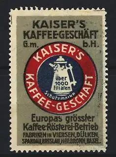 Reklamemarke Kaiser`s Kaffee-Geschäft GmbH, Kaffeerösterei-Betrieb, Kaffekanne Schutzmarke