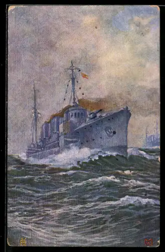 Künstler-AK Zerstörer der Kaiserlichen Marine klar zum Gefecht, Kriegsschiff