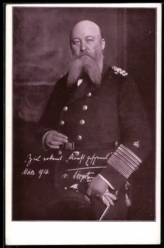 AK Portrait Grossadmiral Alfred von Tirpitz mit Zitat Ziel erkannt, Kraft gespannt