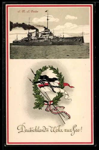 AK Linienschiff S.M.S. Posen in Fahrt, Reichskriegsflagge und Nationalfahne, Kriegsschiff