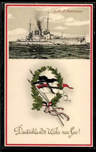 AK Linienschiff S.M.S. Ostfriesland auf hoher See, Reichskriegsflagge, Kriegsschiff
