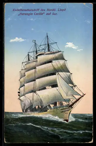 AK Kadettenschulschiff des Norddeutschen Lloyd Herzogin Cecilie auf See, Segelschiff