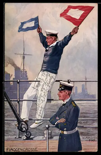 Künstler-AK Flaggengrüsse, Matrose mit Flaggen sitzt auf der Reling eines Kriegsschiffes