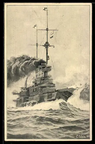 Künstler-AK Kriegsschiff der Kaiserlichen Marine im Gefecht