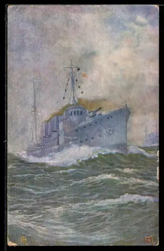 Künstler-AK Zerstörer der Kaiserlichen Marine klar zum Gefecht, Kriegsschiff