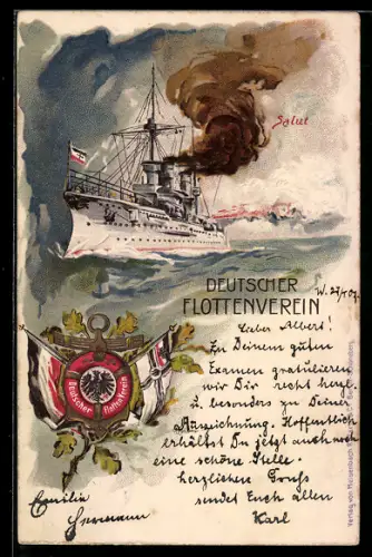 Lithographie Deutsches Kriegsschiff beim Salutschiessen, Wappen des Deutschen Flottenvereins