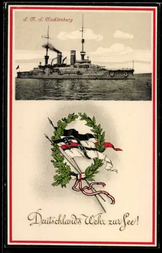 AK Linienschiff S.M.S. Mecklenburg, Reichskriegsflagge und Lorbeer- und Eichenkranz, Kriegsschiff