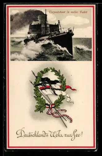 AK Torpedoboot der Kaiserlichen Marine in voller Fahrt, Reichskriegsflagge, Kriegsschiff