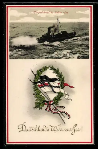 AK Torpedoboot der Kaiserlichen Marine auf hoher See, Reichskriegsflagge, Kriegsschiff