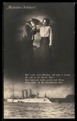 AK Matrose der Kaiserlichen Marine nimmt Abschied von seiner Liebsten, Kreuzer im Hafen, Kriegsschiff