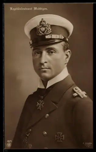 AK Kapitänleutnant Otto Weddigen in Uniform mit EK I 1914 und Pour le Mérite, Kommandant des U-Bootes U-9