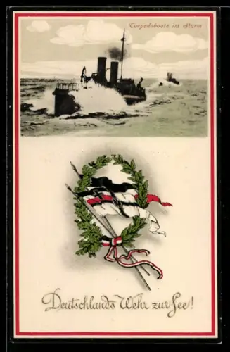 AK Torpedoboote der Kaiserlichen Marine im Sturm, Reichskriegsflagge und Nationalfahne, Kriegsschiff