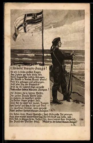 Künstler-AK Marineinfanterist am Strand, Reichskriegsflagge, Gedicht Unsere blauen Jungs !