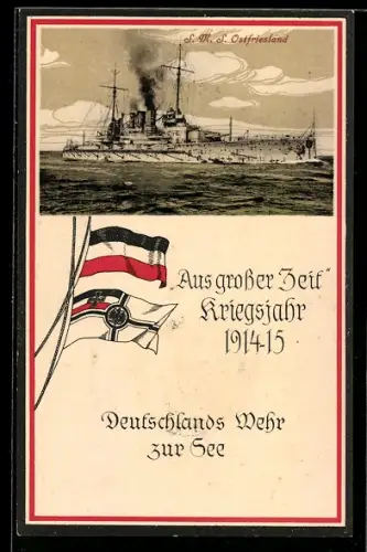 AK Linienschiff S.M.S. Ostfriesland auf See, Reichskriegsflagge, Kriegsschiff