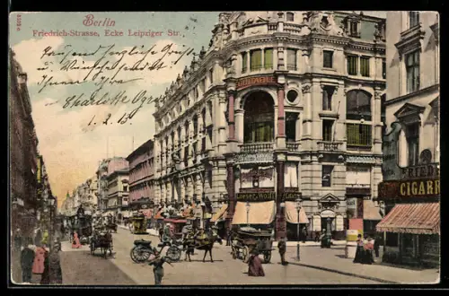 AK Berlin, Friedrichstrasse Ecke Leipziger Strasse, Equitable-Gebäude, Geschäftshäuser
