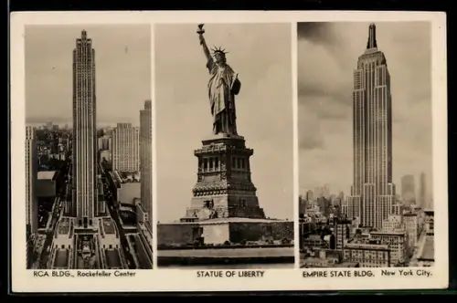 AK New York City, RCA Building, Rockefeller Center, Statue of Liberty, Empire State Building