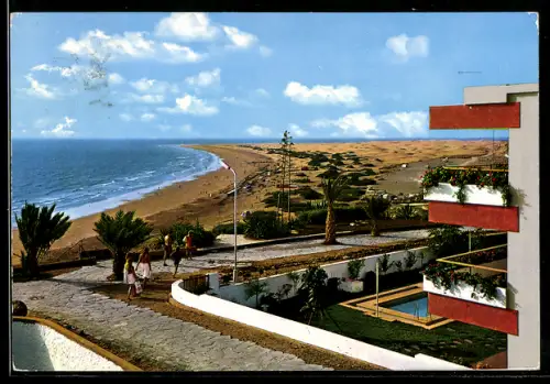 AK Las Palmas de Gran Canaria, Strand und Dünen mit Promenade und Hotelbalkonen