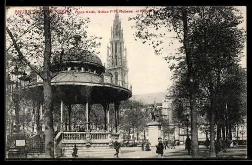 AK Anvers, Place Verte, Statue P.P. Rubens et Kiosque