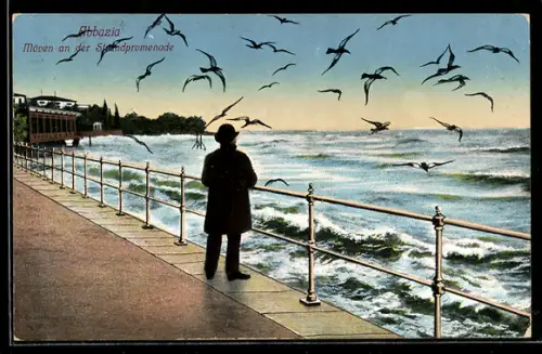 AK Abbazia, Möven an der Strandpromenade