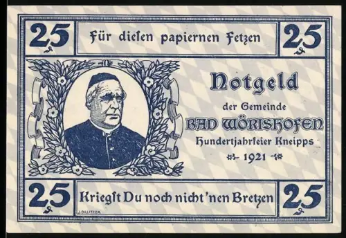 Notgeld Bad Wörishofen 1921, 25 Pfennig, Porträt und Kirche mit Türmen und Spruchbändern
