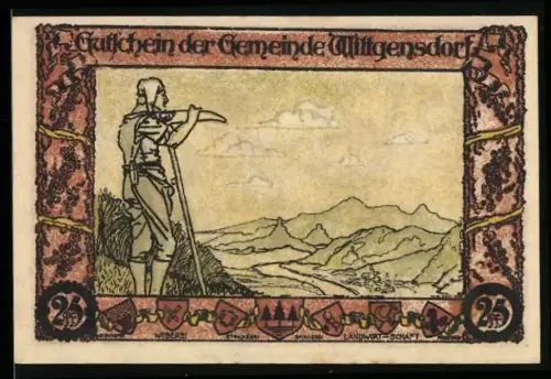 Notgeld Wittgensdorf 1921, 25 Pfennig, Berglandschaft mit Wanderer und mittelalterliche Szene mit Reiter