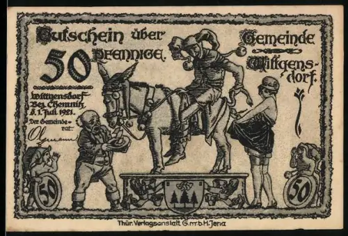 Notgeld Wittgensdorf 1921, 50 Pfennig, humorvolle Szene mit Esel und Handwerkersymbole