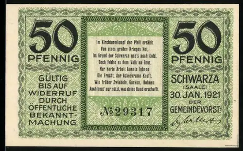 Notgeld Schwarza /Saale 1921, 50 Pfennig, Kirche und Handwerker bei der Arbeit