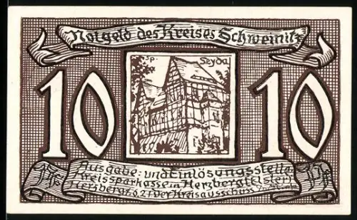 Notgeld Schweinitz 1921, 10 Pf., Burgruine Seyda und Porträt Martin Luther