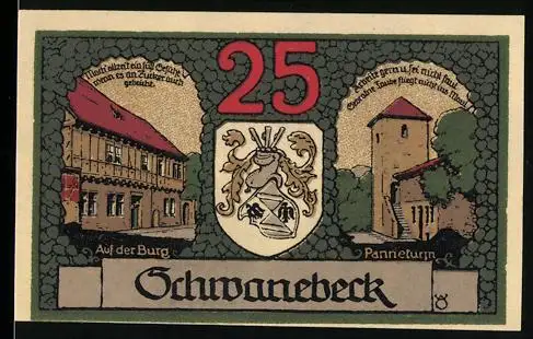 Notgeld Schwanebeck 1921, 25 Pfennig, Burg und Panneturm mit Wappen