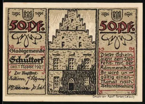 Notgeld Schüttorf 1921, 50 Pf, Rathaus und historische Ratsherren mit Wappen