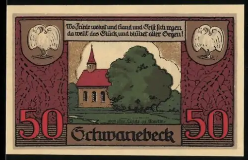 Notgeld Schwanebeck 1921, 50 Pfennig, Kirche und Schwan-Motiv