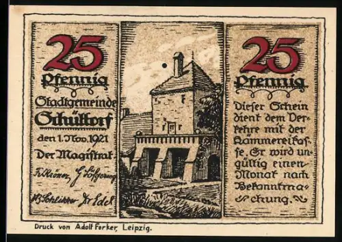 Notgeld Schüttorf 1921, 25 Pfennig, mittelalterlicher Turm und marschierende Männer mit Fahne