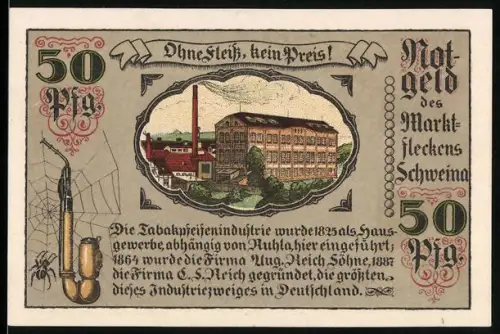 Notgeld Schweina 1921, 50 Pfennig, Tabakfabrik und Schweine unter Baum