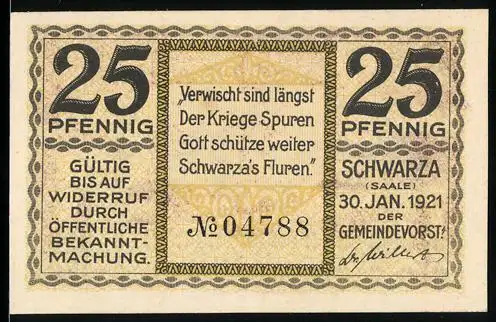 Notgeld Schwarza /Saale 1921, 25 Pfennig, Landschlacht-Motiv mit Soldaten und Landschaftsblick